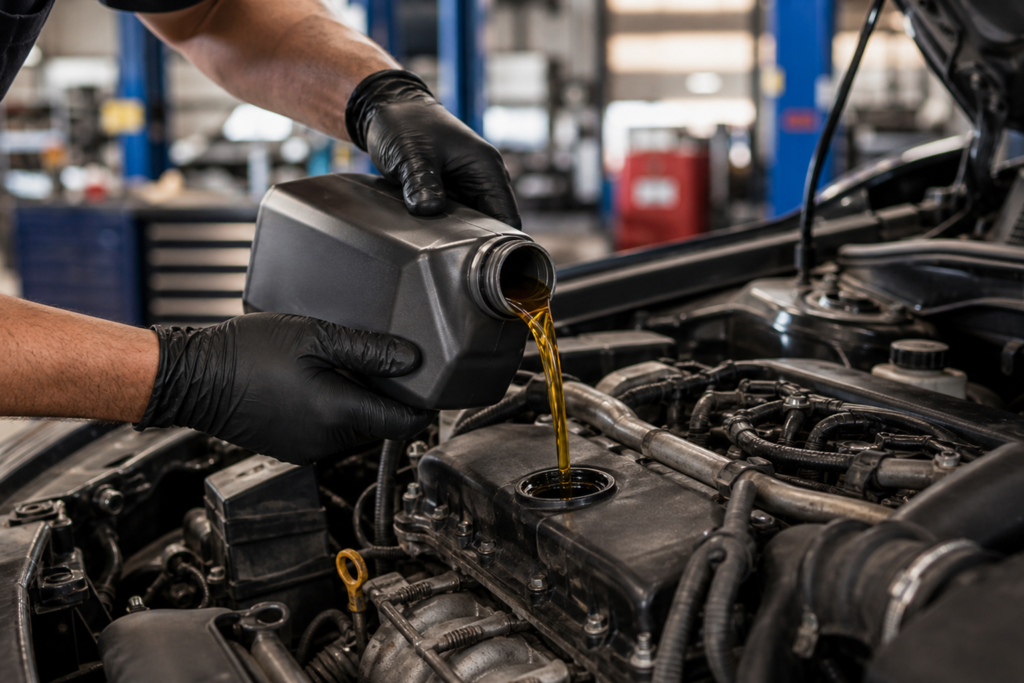 Fresh motor oil being poured into a car engine during a service