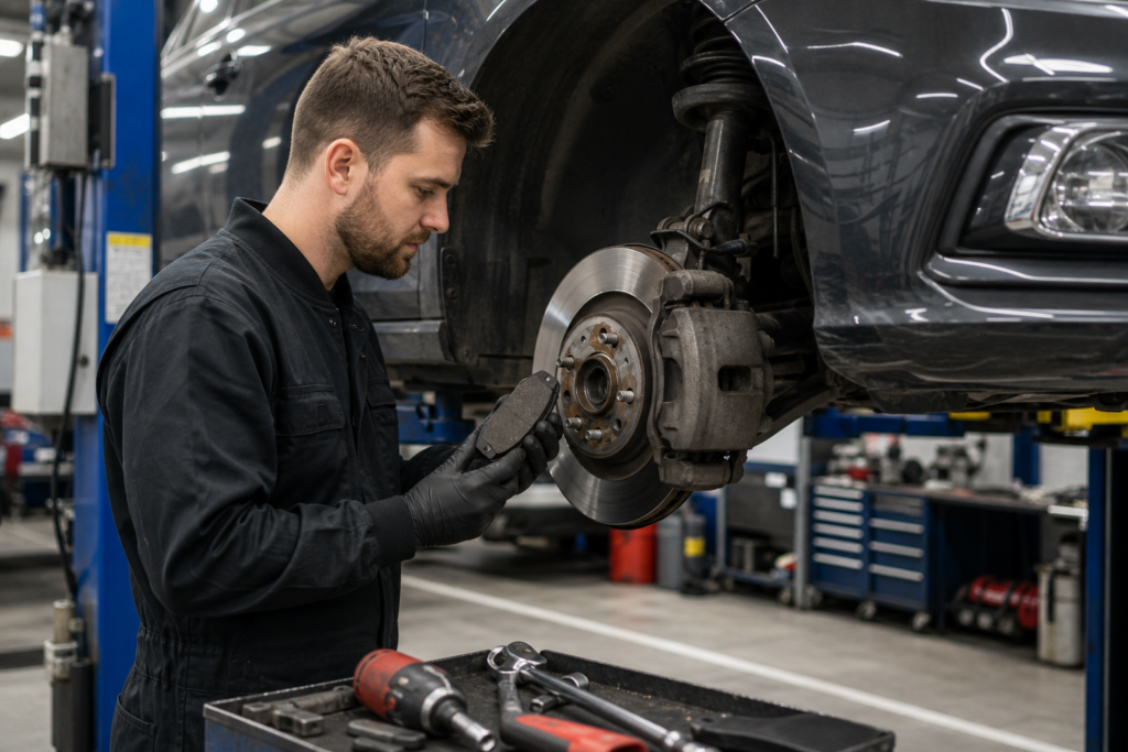 Mechanic inspecting a car brake rotor and brake pad in a professional garage