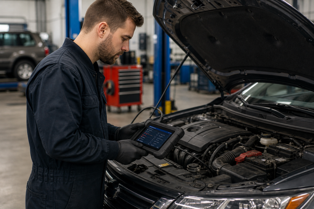 Mechanic using a diagnostic scanner on a car with the hood open