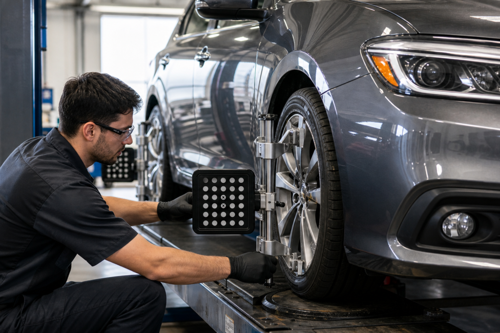 Technician performing wheel alignment on a sedan in a workshop